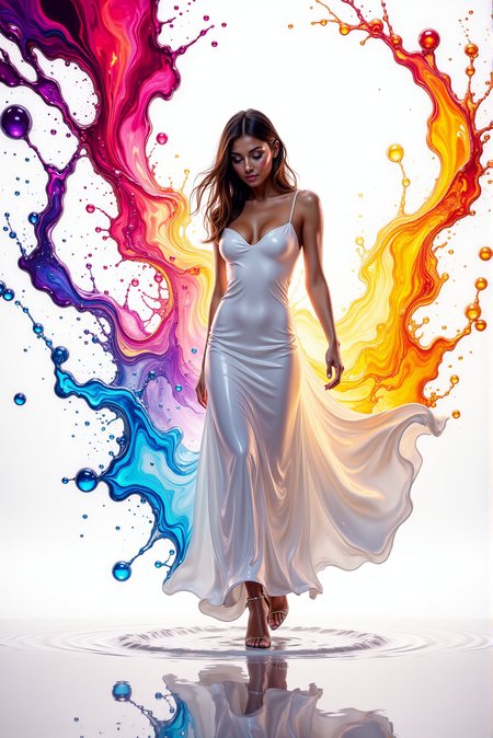 <lora:Vibrant_Splash:0.7>
A figure of a young woman in a sleek white dress emerges against a backdrop of swirling intricately and smoothly, vibrant auroras that mimic the beauty of the luminous northern lights. The cascading waves of glowing brightly neon shades—crimson, golden amber, sapphire, and ultraviolet—spiral around her as if drawn to her movement. Her pose is dynamic and elegant as in faint dance, with the hem of her dress dissolving into the luminous spectrum of glowing brightly hues, giving the impression that she herself is a part of the energy bursting forth. The light emanates in splashes and streaks, as though the colors are vibrant, glowing brightly liquid light thrown into the air, each drop sparkling with a glossy bright glints. The woman has small, neat head, her face has delicate features and adorned with gentle smile. She has slender physique and graceful, elegant posture. She has long, smoothly flowing on the wind hair. She wears glossy high heels. (The white background and perfectly clean, empty, reflective, infinite floor enhance the stark contrast:1.1), drawing focus to the radiant dance of glowing brightly colors and the elegantly moving figure at its core. The scene feels alive, as if the woman controls the elements of light and energy around her. (A volumetric, reflective liquid formation, a delicate yet powerful fusion of luminous colors. At the heart of the design, a glowing brightly voluminous splash of vibrant liquid erupts, with its glossy splatters glowing warmly and radiating outward into cascading luminous streams. The liquid light flows form intricate patterns of droplets and tendrils, resembling frozen splashes that spiral outward. The outer edges feature spherical droplets of both light and vibrant color, highlighting the metallic reflections and emphasizing the ethereal quality of the volumetric splash shape. The composition should feel dynamic, like a symphony frozen in liquid form:1.2).