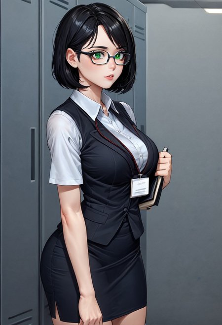 A girl with black hair, green eyes, features of a Korean girl, and glasses, her body is voluminous but she hides it under thick clothes, like an executive secretary, a white t-shirt, and A black vest, her skirt is business-like. I want the image to be full-body. She is of average height, has a beautiful face despite looking like a nerdy girl, and is very curvy.