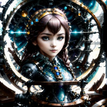 A steampunk-style telescope stands on a table in the laboratory,beautiful cute girl looking through a telescope, star map,