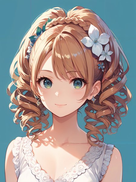 score_9, score_8_up, score_7_up,source_anime, high res image,masterpiece,best quality,girl,cute face,clear skin,shiny hair,ultra detailed eyes,simple background, <lora:morigami_pony_V1.0:1> morigami,hair flower,curly hair,twintail