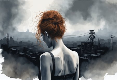 a watercolor painting of a female, from behind.
Her (ginger undone hair:1.2) covers part of her beautiful face and bare chest, cold blue eyes. 

There is diffuse, misty and smoky atmosphere around her, giving the picture a menacing element. 
The picture is photographed in a monochromatic scheme, mainly with shades of black, white and gray.

(dystopian style, highly detailed, bleak, post-apocalyptic, somber, dramatic)

