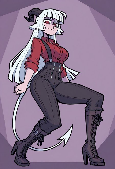 masterpiece, best quality, newest, absurdres, highres, vanripper, 1girl, BAPH-V1.0, animal ears, black horns, goat horns, curled horns, demon girl, demon horns, demon tail, goat tail, goat ears, white hair, very long hair, white tail, blunt bangs, high heel boots, high heels, high-waist pants, suspenders, printstripe pants, lace-up boots, red shirt,