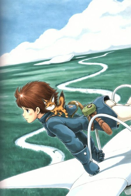 miyaha1 manga illustration. 
A young woman on a high-flying adventure. The scene shows a you woman, with short, tousled brown hair, wearing a dark blue coat with a high collar, and gloves, She is flying on a white hand glider. there is a small fox like squirrel on her shoulder. <lora:miyaha1_cap_d6a3e12:1.0><lora:818051181222950099:0>