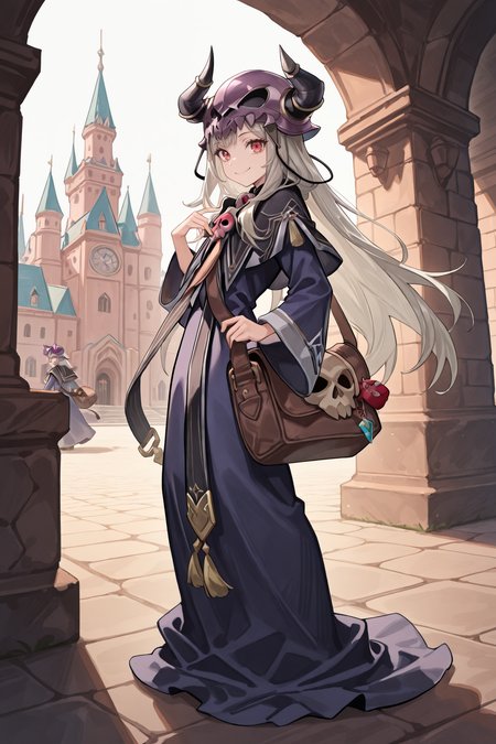 masterpiece, very aesthetic, absurdres, best quality, amazing quality, high resolution, <lora:illustrious_quality_modifiers_masterpieces_v1:0.8> , <lora:ChamIllustriousBackgroundEnhancer:0.5>,  solo, <lora:NecromancerIL:0.8> , necdef, 1boy, red eyes, long hair, grey hair, skull, horned helmet, horns, fake horns, skull brooch, black capelet, robe, long sleeves, bag, full body, from side, looking at viewer, smile, academy, towers, castle ramparts, exterior,