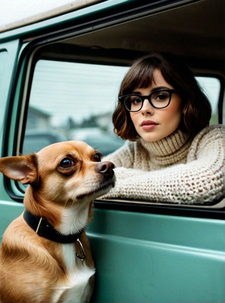 Photo of Melva Machina, girl wearing a skintight fuzzy turtleneck, she is standing next to a van, retro hippy (psychedelic design on the van), Chihuahua dog in van window, smoke pouring out of van window, smoky windows,<lora:PerfectEyesXL:0.5>,(detailed beautiful face, detailed, ultra-detailed body:1.1),best quality,photo-realistic,highly detailed,absurdres,cinematic lighting,hyper-realistic,sharp focus,32k resolution,detailxl,SimplePositiveXLv2,