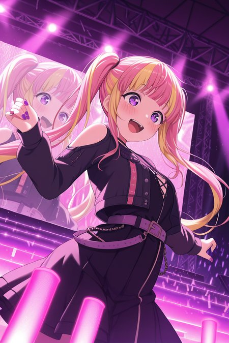 masterpiece, best quality, amazing quality,
 <lora:PAREO_IL:1> pareo, 1girl, twintails, long hair, smile, multicolored hair, open mouth, blonde hair, solo, stage, purple eyes, nail polish, bangs, pink hair, glowstick, belt, concert, blush