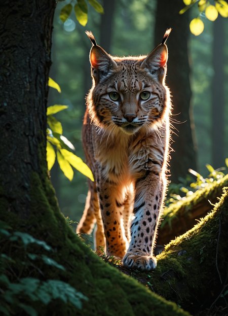 Volumetric Lighting, Vibrant Rim Light, cinematic photo Lynx stalking its prey, front view, front facing, stealthy, forest background, dof, award winning wildlife photography, photorealistic, 8k, highly detailed, anatomically correct, legs render, low angle, 70mm, 16 megapixels, natural light --ar 9:16  <lora:sss:0.8> <lora:Bio-Luminescence:0.35> bioluminescent, glowing, neon pink <lora:add-detail-xl:1>  <lora:sdxl:0.58>, 35mm photograph, film, bokeh, professional, 4k, highly detailed, subsurface scattering, Photorealistic, Hyperrealistic, analog style, realistic, film photography, soft lighting, heavy shadow, bright rim light, high contrast, bold edge light, light depth, dramatic atmospheric lighting, Volumetric Lighting