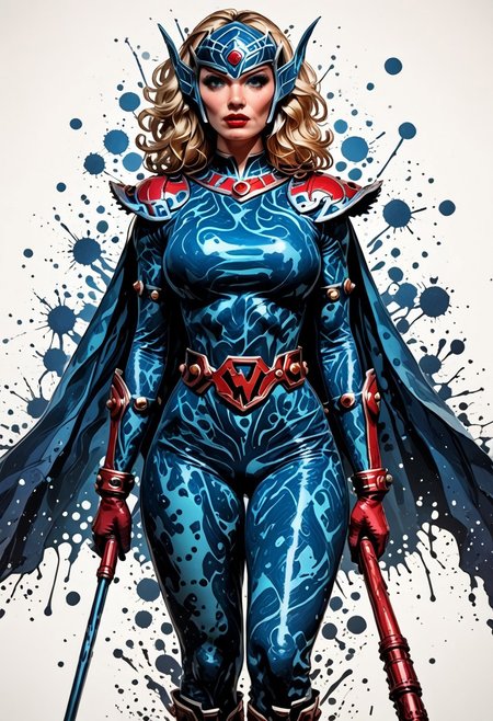 ink splats, MILF, 32 years old, blonde hair, black leather vampire cape, sloppy wavy hair, sexy red boots, revealing outfit, red lips, mascara, eyelashes, hourglass figure, strong, big blue eyes, seductive, mature female, m1lfm3t3r, anezaki mamori, masterpiece, highest quality, realistic skin texture:1.5, high, tear shaped boobs, drow ranger, drow ranger \(dota2\), Masterpiece, 32k, photorealistic:1.4, score_9, score_8_up, score_7_up, huge boobs, small waist, wide hips, high cheekbones, oval face, slim waist, wide hips, thick thighs, full hips, DARK SIDE \(PICTURE BOOK\), NO FACE, colorful background, vivid colors, volumetric light, cinematic light, extremely detailed, bgbrda, top, bodysuit, helmet, armlet, bracelet, gloves, chainmail, skirt, boots, holding weapon, holding rod, wass.