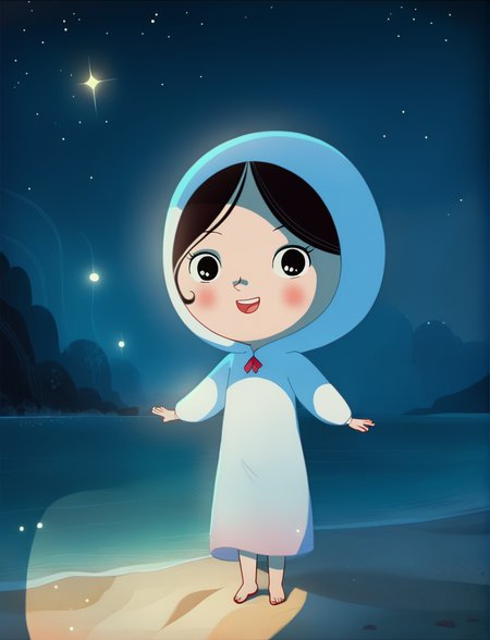 zPDXL3, source_cartoon, Perfect Hands, full body, full body,
1girl, solo, saoirse, black hair, short stack, flat chest, blush, white dress, one-piece dress, extra long dress, hood, bare feet, glowing, night, beach, stars, dancing, looking at viewer, happy, magical, (detailed:1.3), detailed background,
<lora:Perfect Hands:1><lora:Saoirse_-_The_Song_of_the_Sea:1>