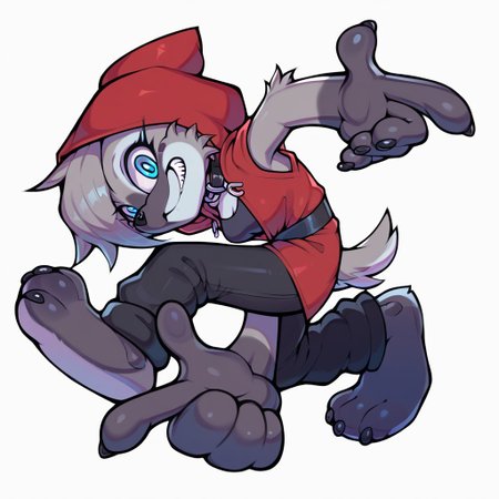 score_9, score_8_up, score_7_up, score_6_up, anthro,, anthropomorphic grey hyena, female, black collar, 1girl, grey fur, blue eyes, (red hood:1.3), black sleeveless,  black work pants, hands on own head, looking at viewer, grin, teeth, full body, sonic adventure pose