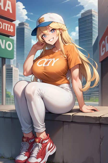 score_9, score_8_up, score_7_up, score_6_up, source_anime BREAK 1girl, solo <lora:iowa-pdxl-nvwls-v1-000005:1> defIowa, blonde hair, star-shaped pupils, large breasts, orange t-shirt, white pants, baseball cap, grin, looking at you, city, happy, sneakers, sitting