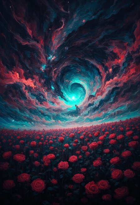 A field full of black roses during a novaburst with the sky lit up in red and teals, Stars and a nebula shining through, DB4RZ, DB4RZ style painting