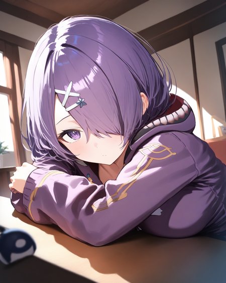 1girl,
KisoAzukiDotLive,
safe, solo, dutch angle, upper body,
hair ornament,
hair over one eye,
looking at viewer, 
purple hoodie, breasts,
arm rest, 
room, table,
depth of field,
<lora:kp_KisoAzukiDotLiveAnimagineXL_v1_1:1.0>,
masterpiece, high score, great score, absurdres