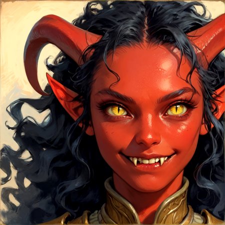 score_9,score_8_up, score_8, 
dark, brooding,
1girl, portrait, cowboy shot, tiefling, long hair, black hair, wavy hair, horns, red skin, yellow eyes, slit pupils, armor, fangs, happy, 
 <lora:Expressive_H:0.5>  <lora:Dungeons_and_Dragons_Art_Style-000003:1>