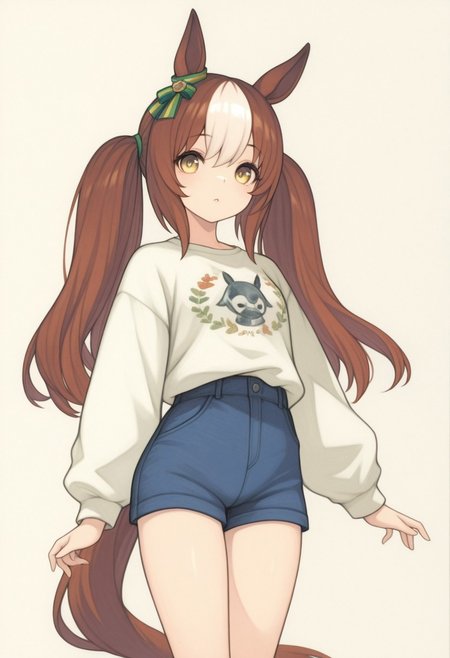 masterpiece, painting \(medium\), best quality, absurdres, newest, very aesthetic, amazing quality, highres,
BREAK, 
1girl, solo, animal ears, horse ears, horse girl, brown hair, long hair, horse tail, tail, multicolored hair, looking at viewer, shorts, long sleeves, simple background, twintails, shirt
BREAK,
 kemonomimi mode, HR-Illu