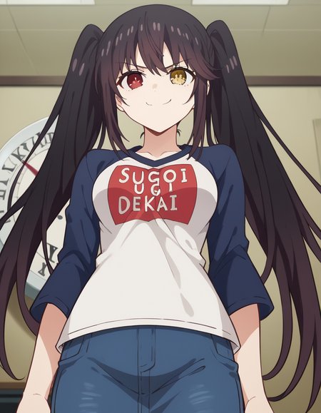 score_9, score_8_up, score_7_up, source_anime, kurumitokisaki, <lora:kurumi-tokisaki-s4s5-ponyxl-lora-nochekaiser:1>, kurumi tokisaki, black hair, red eyes, long hair, twintails, yellow eyes, heterochromia, clock eyes, medium breasts,, <lora:sugoi-dekai-ponyxl-lora-nochekaiser:1>, sugoi dekai, clothes writing, raglan sleeves, t-shirt, denim, denim skirt,, indoors, smile, smug,, cowboy shot, dutch angle,