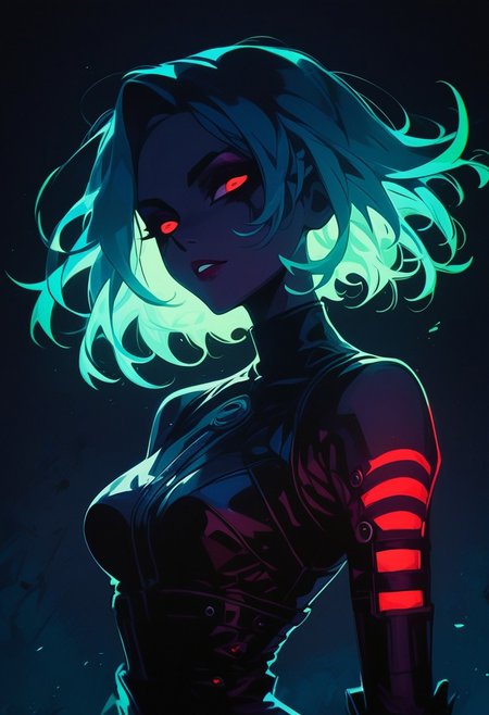 score_9, score_8_up, score_7_up, score_6_up, NLSTN, 1girl, red eyes, black background, 1girl, dark, black bodysuit, suggestive pose, dynamic pose, moonlight, perfect female waist, halftone lighting, makeup, eyeliner, eyeshadow, mascara, glowing, dark