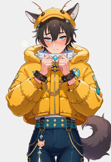 masterpiece, best quality, intricate details, (realistic:0.6), looking at viewer, , 1boy, solo, male focus, <lora:garu_nu_carnival_ilxl:0.98>, garu_nu_carnival, black hair, blue eyes, short hair, animal ears, scar, hair between eyes, , wolf boy, wolf ears, tail, , Sateen Blush Cuffed pants, Puffer jacket, , Cricket hat,