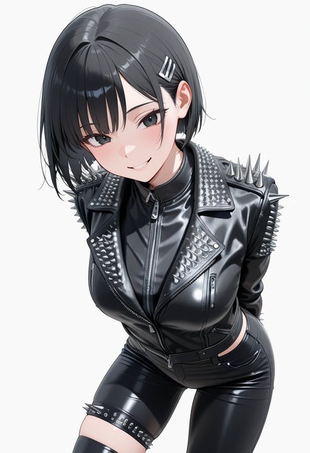 masterpiece,best quality,amazing quality, very aesthetic, ((outlined outlined vector graphics)), cute face, (glow eyes:0.5) ,  looking at viewer, cowboy shot, simple background,
1girl,20yo, black hair, black eyes, short bob hair, hair pin,mdeium  breast, slender,(white thigh strap:1.1),cute face,
,solo,  from above ,  looking down ,
smile, happy, black jacket, parted lips,, leather jacket, spiked leather jacket, large spikes, black pants  , heavy metal,  ,   all fours ,  ,  arms behind back, <lora:spiked-leather-jacket-il-01:1>