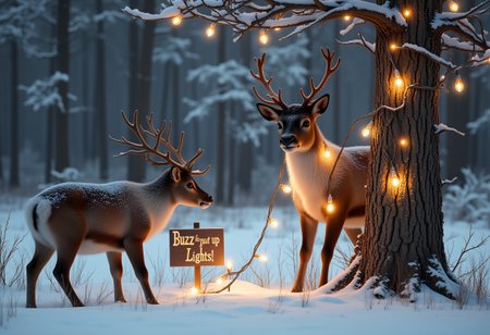 Christmas reindeer putting up strings of lights on trees, one deer looking confused and wrapped in a strig of Christmas lights, ((A sign says ("Buzz to put up Lights!!"))) outside, snowy meadow, snow covered trees in the background, glittery frost and ice, cheerful, magical, detailed fur,
high resolution, detailed, 4k, realism, rule of thirds, golden ratio, depth of field,