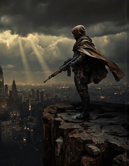 Art by Brooke Shaden & Piotr JabÃÂoÃÂski. A dramatic digital illustration shoot from the side about a lone figure in a hooded cloak stands on a rocky ledge, holding a rifle, facing a distant cityscape with a stormy sky and dramatic clouds. the image also shows dramatic lighting effects. on the middle of the image, a man, who appears to be in his mid-twenties, stands with his full body visible, wearing a dark cloak and holding a large rifle. he is facing away from the viewer, with a determined expression on his face. the man is standing on the edge of a cliff, with his back to the viewer. in the background, a cityscape is visible, with tall buildings and a cloudy sky, illuminated by dramatic light beams. the overall mood is dark and moody, with dramatic clouds and a sense of foreboding.