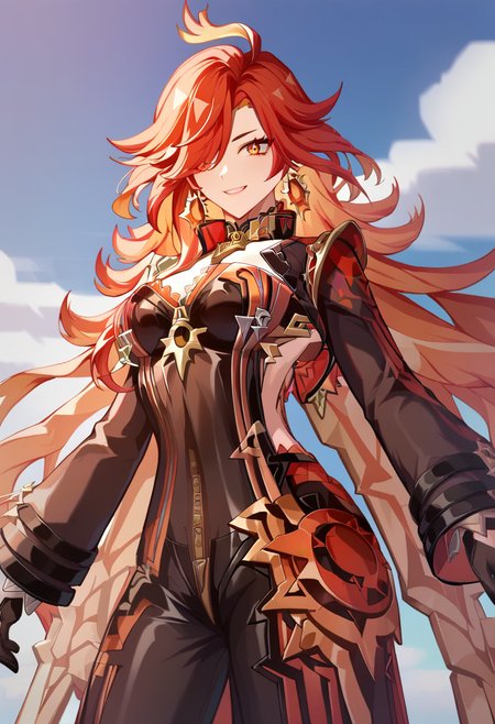 score_9,score_8_up,score_7_up,<lora:mavuika_(genshin_impact)_pony:1>,1girl, earrings, smile, long_sleeves, cleavage, mavuika_(genshin_impact), medium_breasts, hair_over_one_eye, outstretched_arms, black_gloves, solo
