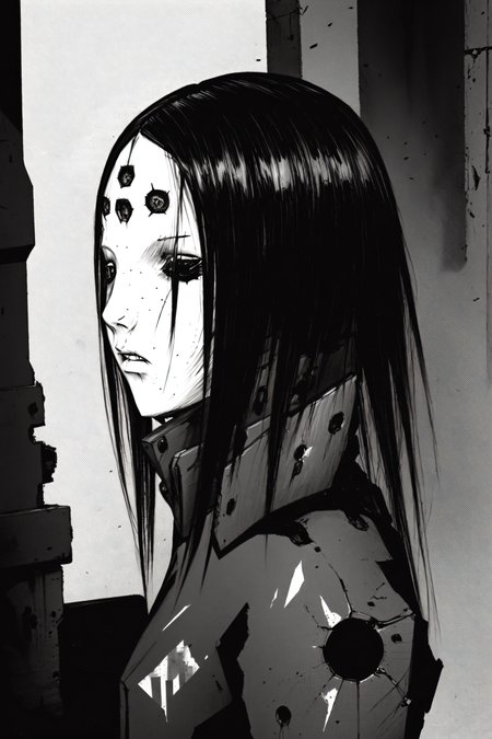 best quality, pcell, half mask, hair, detailed face, portrait, debris, smoke,decrepit, <lora:blamev2:1>,  <lora:mangaGeneralStyleLora_v10Mature:0.5> greyscale, monochrome