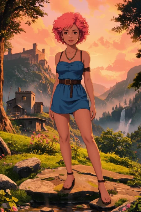 Georgian afro pink hair (young woman), (druid:1.2), anime, illustration, (extremely detailed), (portrait), (standing:1.2), (happy smile), flower in hair, glossy lipstick, celtic necklace, pearl earrings, loincloth, (sandals),  Sea Blue (druid short dress), (legs), heels, (sharp focus),  fantasy, (beautiful celtic landscape:0.9), (small rock:0.9), (moss:0.4), (ripples, reflections:0.8), celtic  castle, (small river small pond:0.5), druid forest, (druid village:1.2), (stunning nature environment:0.8), (enchanted land:0.5), clovers, (Sheffield Gray flowers:0.9), leaves,bright (sunny sky), (sunset:0.3), best quality, colorful, wet floor, raytracing, hdr, high contrast, ethereal natural lights, backlight, (lens flare:0.4), shadows, (vibrant colors, colorful):0.6, pretty, beautiful, happy, smiling, feminine, sexy, lovely, in love, adorable, fashion,  <lora:Hand v2:1> <lora:Anti-Blur:1> <lora:RetroAnimeFluxV1:0.4> <lora:Luminous_Shadowscape:0.4>  <lora:SujatmikoArafuru_Flux:0.2> Suzume style