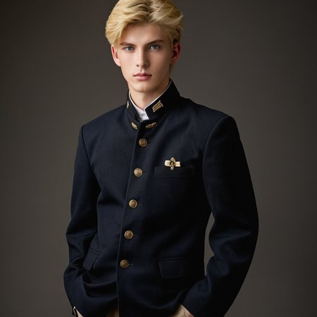 Create a portrait in a realistic style of a striking blond, blue-eyed young man exuding charm, dressed in a traditional Japanese junior high school uniform from the early years. His outfit includes the classic Gakuran jacket with its distinctive stand-up collar and five metal buttons, complemented by straight-legged trousers. He stands out with his additional accessories: sleek black gloves, an elegant cape draped over his shoulders, and a stylish hat perched atop his head. The setting is a cozy café, with the ambiance of soft lighting and steaming cups, adding a modern twist to his traditional attire,<lora:gakuran:0.8>