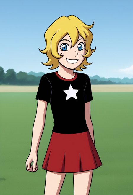 1girl, smiling, skipping through wheat field, solo BREAK chlucymann BREAK chlucymann wearing a red skirt, chlucymann wearing black star top,