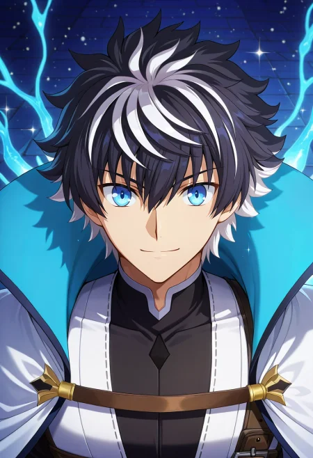 masterpiece, best quality, intricate details, anime screencap, anime coloring, official style, looking at viewer, 1boy, solo, male focus, <lora:charlemagne_fate_ilxl:0.96>, charlemagne_fate, black hair, blue eyes, multicolored hair, white hair, two-tone hair, short hair, hair between eyes, bangs, streaked hair, cape, mystic grove, glowing roots, enchanted blooms, sparkling pools, walking pose, enchanted expression, starlight,
