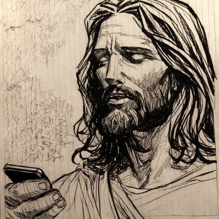 drawix17 close-up of  jesus with cell phone, black ink<lora:drawix17:1>