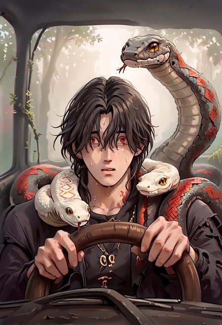Vergilhoo,ironliliart,fiz-rot,power crashes kobeni's car (meme), car interior, holding, steering wheel, look at viewer, crying with wide eyes open, nervous sweating, from front,A man with a snake on his shoulders trying to escape, car,in a car, , human:1.2,  (sn4k3, snake, snake on shoulders, upper body, FntsyPstlCE style), front_view, scaleless snake:1.6, white coloured snake:1.2, red eyes on snake, a giant wheel of fortune background:1.2, wheel with chances of getting hit written in it:1.2, wheel:1.5, city background