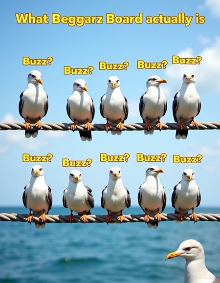 on top of image floating text "What Beggarz Board actually is" ,seagulls sitting on the rope in two rows , above each of their heads instances of yellow text "Buzz?" , in bottom right corner seagull's head poking from outside of image, <lora:flux\Textimprover-FLUX-V0.4.safetensors:0.8:0.8>