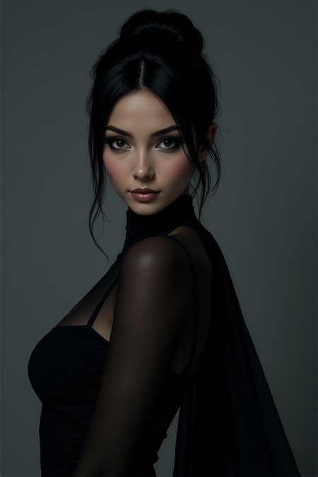 <lora:FFS_v.6:0.8> Ethereal Nocturne: The Luminescent Enchantress in black. Delicate facial features, noble expression, slender physique, elegant posture.