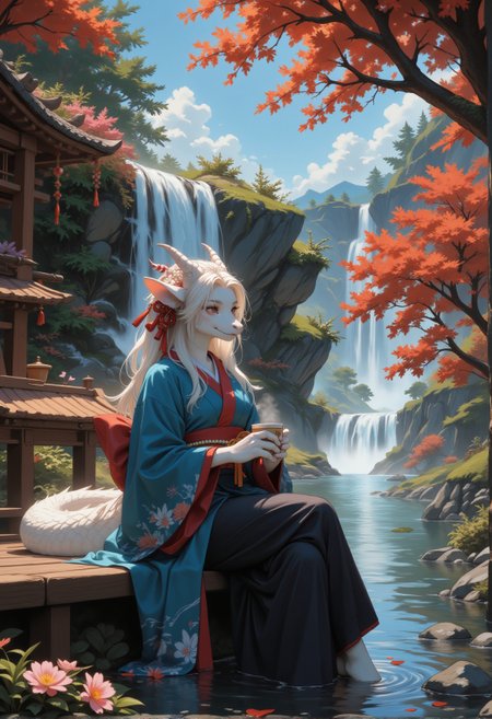 a RAW ultra-realistic photo, UHD,8K, masterpiece, best quality, higres, high detail, depht of view, score_9,score_8_up,score_7_up,embedding:zPDXL2, Expressive,colorful, , A painting of a woman in a kimono is sitting on a bench. She is wearing black pants and holding a cup of coffee. There is a waterfall behind her., 1girl, solo, smile, red_eyes, holding, animal_ears, sitting, closed_mouth, tail, flower, outdoors, japanese_clothes, sky, day, cloud, wide_sleeves, kimono, water, tree, cup, blue_sky, crossed_legs, plant, steam, scenery, holding_cup, furry, pink_flower, dragon, furry_female, scales, waterfall,<lora:增强\(收藏)\sdxl_lightning_8step_lora.safetensors:1.0:1.0> <lora:(风格)\(收藏)\Expressive_H-000001.safetensors:0.8:0.8> <lora:(风格)\(收藏)\GN_v1.4.safetensors:0.4:0.4> <lora:增强\(收藏)\Hands XL 4.safetensors:1.0:1.0> <lora:Envy Pony Pretty Eyes 01.safetensors:0.3:0.3>