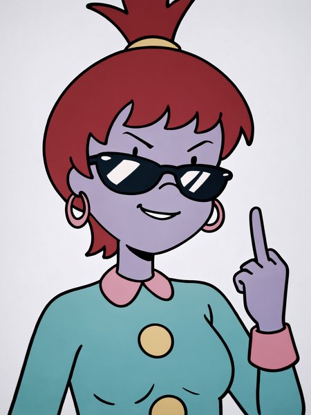 score_9, score_8_up, score_7_up, score_6_up, score_5_up, source_anime, masterpiece, high quality, BREAK, white background, 1girl, <lora:Beebee_Bluff_PDXLv1:0.7> beebe bluff, hoop earrings, green dress, sunglasses, ((aged up, medium breasts, mature body)), middle finger, looking at viewer, upper body,