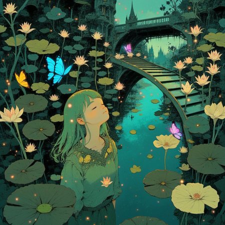 Ethereal Brushstroke, stairs, bangs, outdoors, lily pad, bug, closed eyes, butterfly, tower, on head