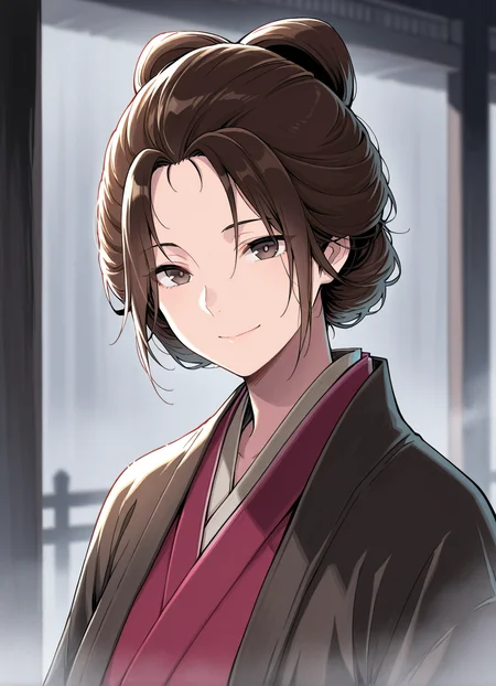 masterpiece,best quality, 1girl, upper body, blurred background, (fog:1.2), indoors, solo, EmmaSekiro, brown eyes,smile,  <lora:EmmaSekiro:1>