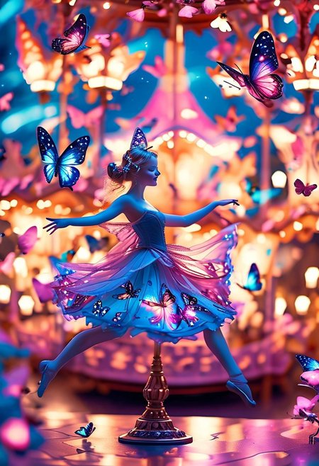 Fairy dancing like a ballerina on a miniature carrousel, blue and pink lighrs shine on her, she is surrounded by butterflies, sci-fi fantasy style, vibrant colors, Pentax K1000 with Helios 44-2 58mm f/2, ultra fine detail, cinematic, 35mm film.
