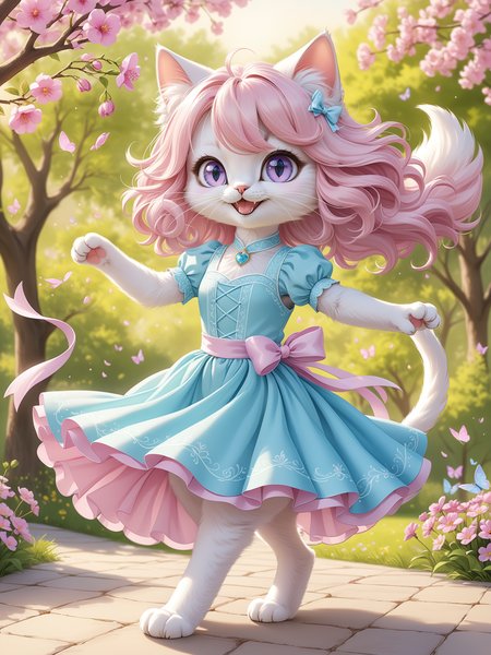 chibi pastel-colored cat character, beautiful hair, furry female,   beautiful dress, soft pastel background, dreamy setting, gentle lighting, whimsical, playful, detailed, high contrast, hyper-realistic, charming, joyful, imaginative, high-definition, soft focus, light-hearted, cute atmosphere, BREAK 
no humans, dancing, skirt, wind flowing, persian cat