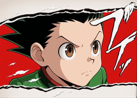 masterpiece, best quality, absurdres, amazing quality, 1boy, solo,  <lora:IlluGon-000010:1> illugon, black hair, green hair, spiked hair, brown eyes,  <lora:PersonaCutIn_Noob_Incrs_v1:1> letterboxed, sound effects, style parody, cut-in, simple background, border, facing to the side, v-shaped eyebrows, serious,