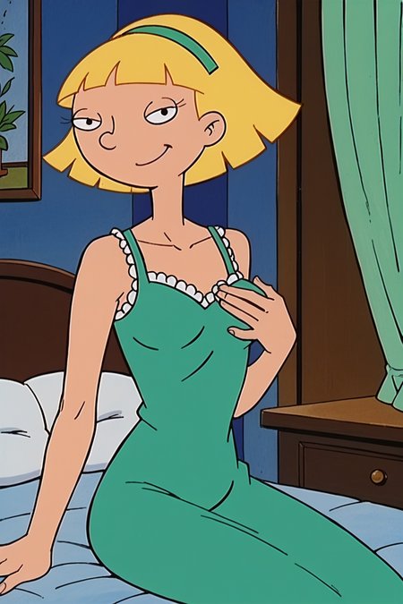 score_9_up,score_8_up,score_7_up,score_6_up,score_5_up,score_4_up BREAK olga pataki,1girl,solo,retro artstyle,blonde hair,black eyes,short hair,blunt bangs,aqua nightgown, frills, green hairband, sleeveless,indoors, curtains,smile,(arm at side,arm support:1.2,arm down),cowboy shot,looking at viewer, long dress,half-closed eyes, grabbing own breast, bed,sitting, small breasts,medium breasts,    <lora:OlgaPony:1>