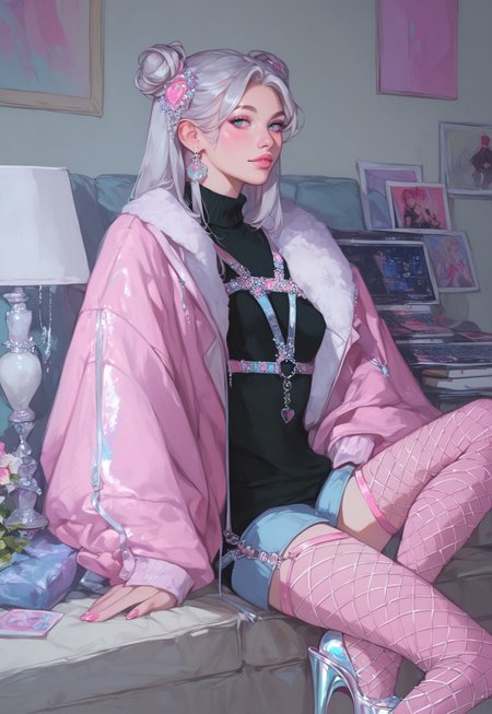  score_9, score_8_up, score_7_up, score_6_up, score_5_up, score_4_up,1girl, turtleneck sweater, black sweater, pale skin, high fashion, modern, drawing, whole body, realistic, female, barbie, extravagant, pink fur jacket with highly detailed attire, outfit , a female outfit, pink and silver dominant color, harness, choker, pink net socks, lots of details, lost of clothing details, silver accessories, platform heels, lots of accessories, character, minimalistic, eye catching, stunning, fashion sense, portrait, 