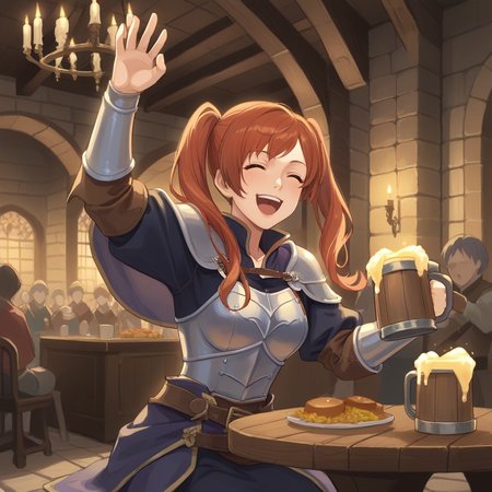score_9, score_8_up, score_7_up, score_6_up, score_5_up, score_4_up, zPDXL2,source_anime,rating_questionable, 1girl, solo,  night, night time,sitting, medieval armor,cheering, raising beer mug, excited, Robin Fire Emblem   , smile, <lora:Tavern:0.7> t4v3rn, indoors, tables, window, chandelier, candles, food, crowd