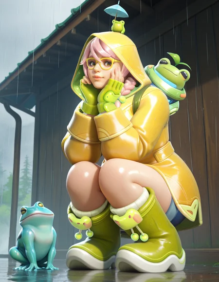 Masterpiece, high-res, 2k, best quality, 2.5d, realistic, 1 girl, rainy day mei, mei (overwatch), frog  <lora:Rainy_Day_mei_illus-000043:1> Squatting