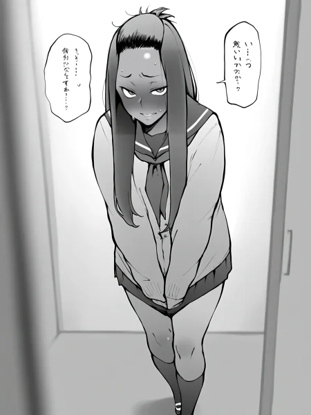 masterpiece,amazing quality, solo female, solo focus, 
 <lora:Metsuki_Warui_Kyoudan_Suruga_Kuroitsu_Hyouri_no_Omoi_Doujin_Character_And_Style_Illustrious:1>,metsuki_warui, long hair, blush, sweat, hetero, dark skin, dark-skinned female, school uniform, socks, bangs pinned back, 1girl, standing, looking at viewer,