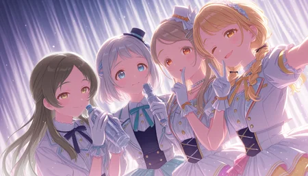 4girls, side-by-side, taking a selfie, behind stage, huge stage curtains background, closed curtains, wearing rainbow idol dress, sleeveless dress,puffy sleeves, open blazer,mini_hat hairband,frills,white gloves,layered dress,bowtie,necklace, BREAK (backlighting:1.5), dark, (light rays from curtains:1.3), (pastel theme:1.3), blurry background, (glowing:1.2), bloom, perfect hands, close-up, (dramatic lighting:1.2), (bokeh:1.3), (close-up:1.4), from side, (blurry foreground:1.2), (light particles:1.4), (sparkle background:1.3), (dutch angle:1.5), addmicrodetails, gakumas <lora:DarkSlider1.2_alpha1.0_rank16_full_300steps_illustrious:-0.85>,  <lora:illustrious_quality_modifiers_masterpieces_v1:0.25>, <lora:colorful_sdxl_v2_lbw:0.75>, <lora:Dramatic Lighting SliderIL:2.75>, <lora:DynamicPoseIL2att_alpha1.0_rank4_noxattn_900steps:1>, <lora:EnvyZoomSliderXL01:3.75>, <lora:outline_xl_end:-6>, <lora:gakumas.il:0.8>,  <lora:AddMicroDetails_Illustrious_v2:0.15> 
ADDCOMM
((kuramoto china, gakuen idolmaster, brown eyes, very long brown hair, parted bangs):1.3), ((happy,blush,half-closed eyes,open mouth):1.3), ((double_v):1.4), (looking at viewer:1.2), 
ADDCOL
((katsuragi lilja, gakuen idolmaster, blue eyes, short grey hair, ribbon braid, half up braid):1.3), ((worried eyebrows,light smile,open eyes):1.3), ((holding water_bottle):1.4), (looking at viewer:1.2), 
ADDCOL
((shinosawa hiro, gakuen idolmaster, orange eyes, light_brown eyelashes, light brown hair, long hair, hairclip):1.3), ((lifted eyebrows,one-eye closed,:o,finger to mouth):1.3), ((v):1.4), (looking at viewer:1.2), 
ADDCOL
((fujita kotone, gakuen idolmaster, yellow sleepy eyes, blonde hair, twin braids, skin fang):1.3), ((lifted eyebrows,one-eye closed,:o,finger to mouth):1.3), ((holding water_bottle):1.4), (looking at viewer:1.2),