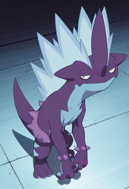 best quality, score_9, score_8_up, score_7_up, score_6_up, score_5_up, score_4_up, male, toxtricityLK,  pokemon (creature), second light, (naked:1), detailed, (solo:1.7), (feral:1.5), pokemonstyle, cool looking, smiling, blue soles, (standing up:1.2), nice angle, (above view:1.5) leaning forward, (3 toes: at each foot1.8), head close view