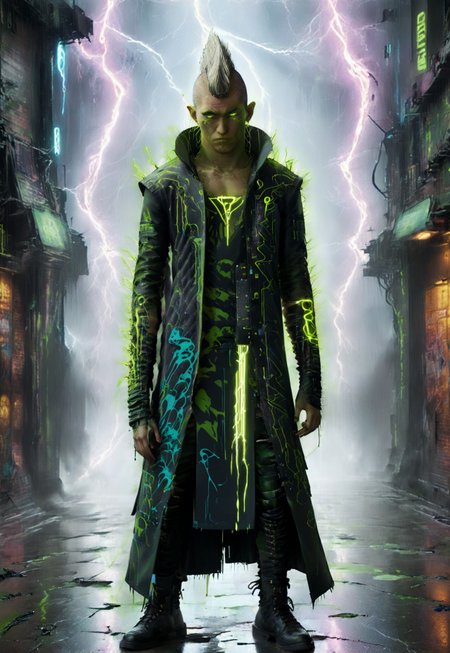 [|| A haunting and captivating ink drawing art of a towering green-skinned, glowing-perfecteyes-eyed half-elf swordsman figure. Clad in futuristic ronin-inspired streetwear and sporting a wild civitametapunkSDXL mohawk, he embodies the themes of Frankenstein's monster, street samurai, and neo-neon terror. The scene merges Glitch, Ral-Dissolve Haunting, Corruption, Vintage Technology, and Urban Decay aesthetics. The wide angle exterior background is a neon-drenched cyber city alley, rendered in green, black, and electric blue ink with cyberpunk detailxl elements—ink splatters, perfecteyes stains, and static drops detailxl layered over distressed paper. A wide-angle exterior captures the perfecteyes figure’s long coat and cap, illuminated by shifting neon light as it ripples in the storm’s wind. He wields an electric katana sparking with jagged arcs of lightning in one hand and a molten, glowing blade in the other, each movement trailing phosphorescent streaks. The air crackles with violet electricity that detailxl coils from his breath like a living thing. Above, a fractured moon casts fractured reflections over rain-drenched pavement, while a distant storm rumbles, the falling rain shimmering like digital static against the city’s flickering haze.]